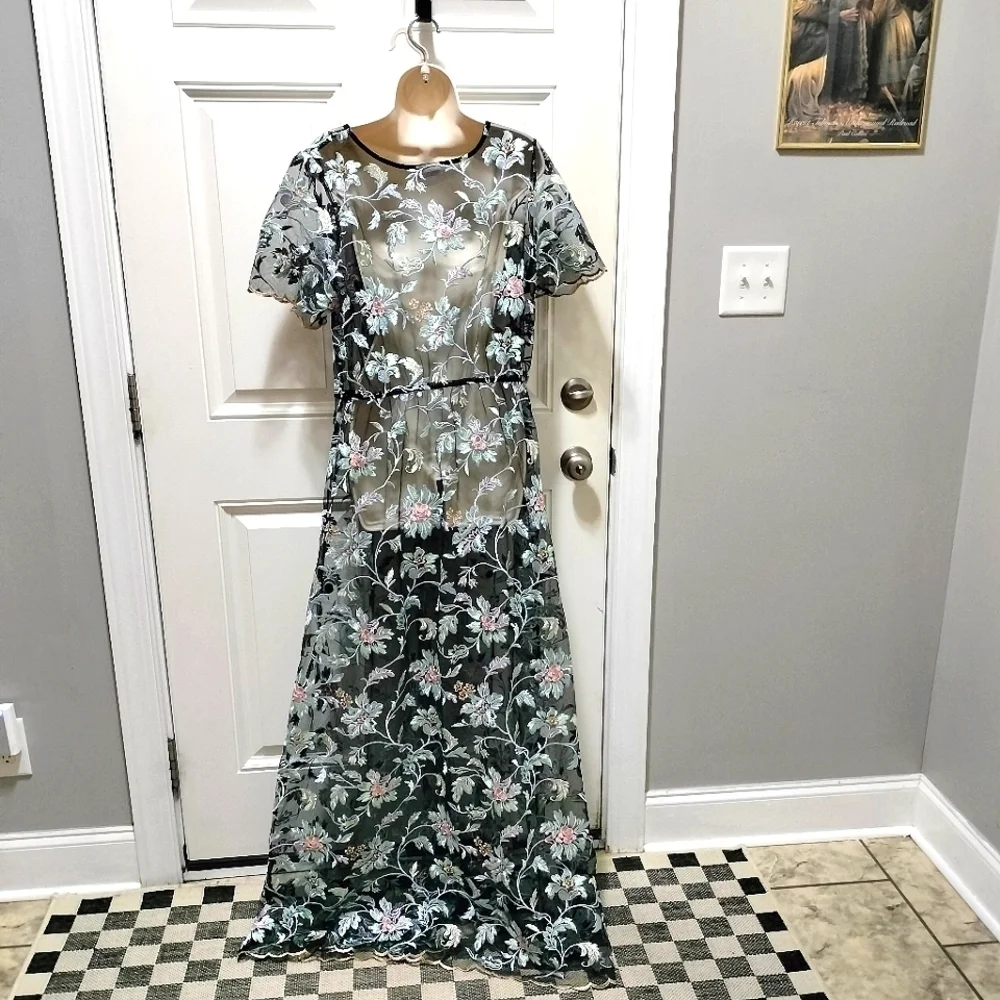 LuLaRoe Deanne II Sheer Embroidered Floral Maxi Dress Black Pink Blue 2XL Plus - Picture 3 of 10